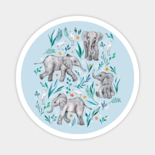 Baby Elephants and Egrets in Watercolor - egg shell blue Magnet